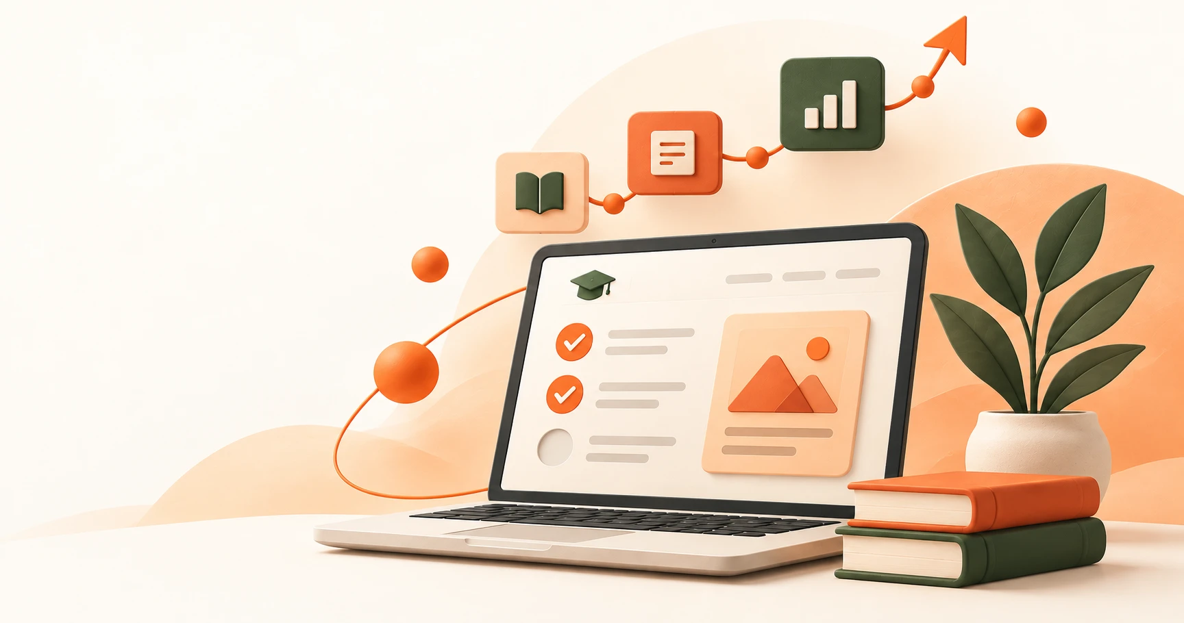 Warm olive and orange learning illustration with a laptop, project checklist, books and a learning path